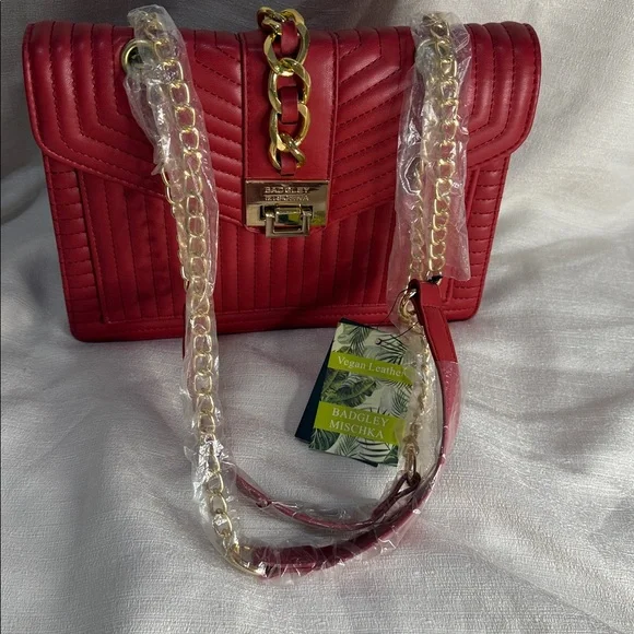 Badgley Mischka Vegan Leather Red Quilted Shoulder Bag - Picture 12 of 14